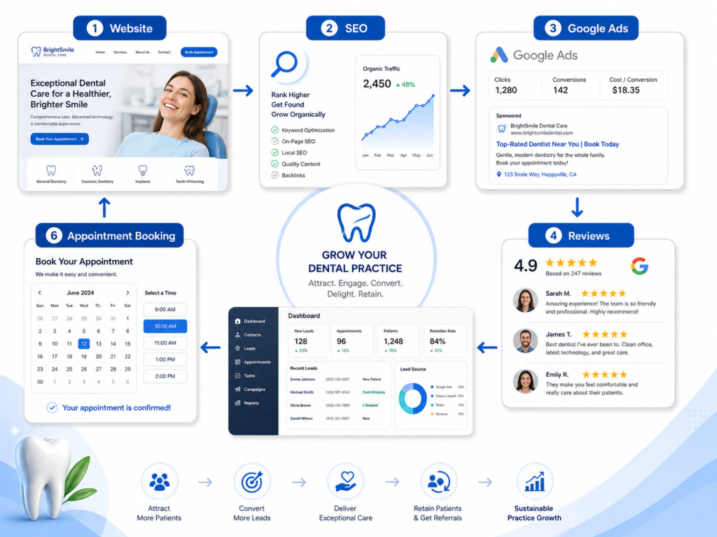 Dental Marketing Strategy Overview Digital marketing strategy for dentists showing SEO, Google Ads, reviews, CRM, and patient booking funnel.